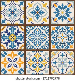 Collection of 9 colorful tiles. Seamless patchwork tile with Islam, Arabic, Indian, Ottoman motives. Majolica pottery tile, blue, yellow azulejo, original traditional Portuguese and Spain decor.