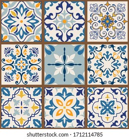 Collection of 9 colorful tiles. Seamless patchwork tile with Islam, Arabic, Indian, Ottoman motives. Majolica pottery tile, blue, yellow azulejo, original traditional Portuguese and Spain decor.