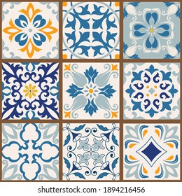 Collection of 9 colorful tiles. Seamless patchwork tile with Islam, Arabic, Indian, Ottoman motives. Majolica pottery tile, blue, yellow azulejo, original traditional Portuguese Spain decor. Vector