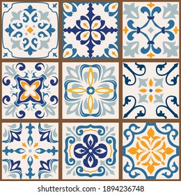 Collection of 9 colorful tiles. Seamless patchwork tile with Islam, Arabic, Indian, Ottoman motives. Majolica pottery tile, blue, yellow azulejo, original traditional Portuguese Spain decor. Vector