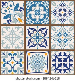 Collection of 9 colorful tiles. Seamless patchwork tile with Islam, Arabic, Indian, Ottoman motives. Majolica pottery tile, blue, yellow azulejo, original traditional Portuguese Spain decor. Vector