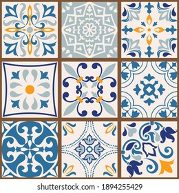 Collection of 9 colorful tiles. Seamless patchwork tile with Islam, Arabic, Indian, Ottoman motives. Majolica pottery tile, blue, yellow azulejo, original traditional Portuguese Spain decor. Vector