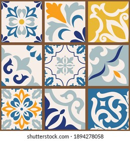 Collection of 9 colorful tiles. Seamless patchwork tile with Islam, Arabic, Indian, Ottoman motives. Majolica pottery tile, blue, yellow azulejo, original traditional Portuguese Spain decor. Vector