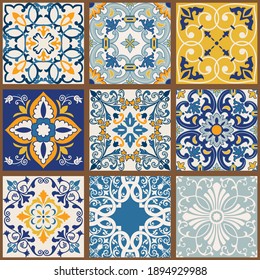 Collection of 9 colorful tiles. Seamless patchwork tile with Islam, Arabic, Indian, Ottoman motives. Majolica pottery tile, blue, yellow azulejo, original traditional Portuguese Spain decor. Vector