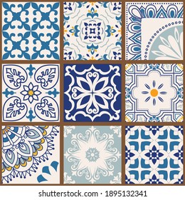 Collection of 9 colorful tiles. Seamless patchwork tile with Islam, Arabic, Indian, Ottoman motives. Majolica pottery tile, blue, yellow azulejo, original traditional Portuguese Spain decor. Vector