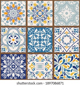 Collection of 9 colorful tiles. Seamless patchwork tile with Islam, Arabic, Indian, Ottoman motives. Majolica pottery tile, blue, yellow azulejo, original traditional Portuguese Spain decor. Vector