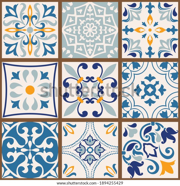 Collection of 9 colorful tiles. Seamless patchwork\
tile with Islam, Arabic, Indian, Ottoman motives. Majolica pottery\
tile, blue, yellow azulejo, original traditional Portuguese Spain\
decor. Vector