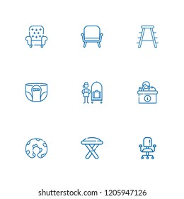 Collection of 9 comfortable outline icons include icons such as bellhop, armchair, desk chair, pillow, diaper, desk