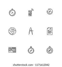 Collection of 9 compass outline icons include icons such as blueprint, compass, travel, street map