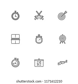 Collection of 9 competitive outline icons include icons such as stopwatch, tactics, target, biathlon, fencing