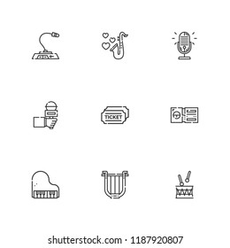 Collection of 9 concert outline icons include icons such as piano, microphone, ticket, drum, tickets, saxophone