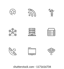 Collection of 9 connect outline icons include icons such as free wifi, server, favorites button, phone call, network, signal