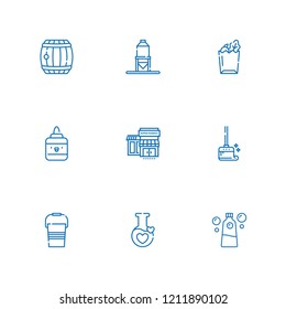 Collection of 9 container outline icons include icons such as barrel, paper bag, silo, bucket, supermarkets, potion, glue, detergent