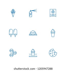 Collection of 9 cookie outline icons include icons such as pastry cream, cookie, pet food, macarons