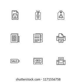 Collection of 9 copy outline icons include icons such as documents, printer, cassette, press card, tag