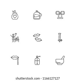 Collection of 9 cosmetic outline icons include icons such as spa, liquid soap, perfume, mortar, dropper, lips, kiss