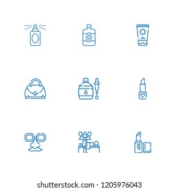 Collection of 9 cosmetic outline icons include icons such as dropper, face mask, lipstick, massage, hand bag, sun cream, perfume