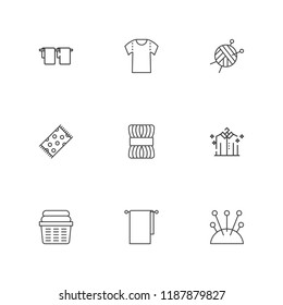 Collection of 9 cotton outline icons include icons such as shirt, towel, wool ball, wool, beach towel, towels, laundry