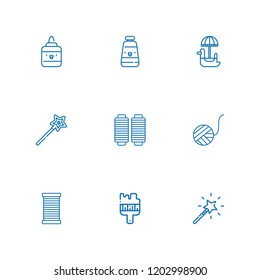 Collection of 9 craft outline icons include icons such as magic wand, brush, wool ball, thread, glue, oil paint