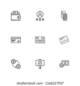 Collection of 9 credit outline icons include icons such as credit card, exchange, cards, money, key card, rating, wallet