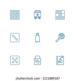 Collection of 9 cube outline icons include icons such as abc, ice, product, products, tic tac toe, dice