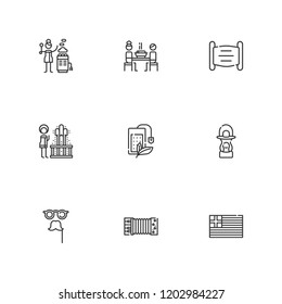Collection of 9 culture outline icons include icons such as mask, tea bag, accordion, hot stones, geyser, greece, lantern