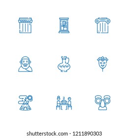 Collection of 9 culture outline icons include icons such as phone box, mask, plato, korean, indian tent, column