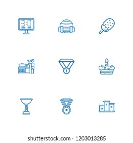 Collection of 9 cup outline icons include icons such as breakfast, medal, trophy, scoreboard, podium, ice cream, sport