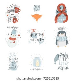 Collection of 9 cute Winter illustrations with cute characters and lettering. Winter icon set with holiday elements. Vector seasonal postcard design