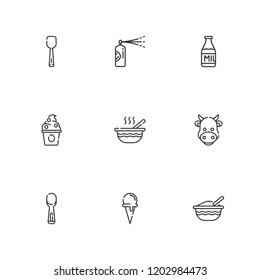 Collection of 9 dairy outline icons include icons such as milk, pastry cream, baby food, frozen yogurt, scoop, ice cream cone