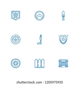 Collection of 9 defense outline icons include icons such as shield, fence, legal