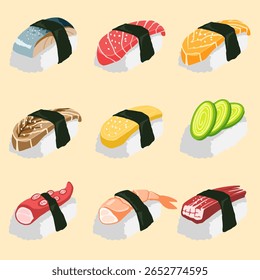 Colección de 9 deliciosas Ilustraciones vectoriales de sushi con rellenos y coberturas únicas. Perfecto para el diseño de menú japonés, pegatinas, iconos y proyectos culinarios.