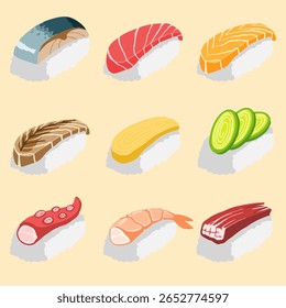 Sammlung von 9 köstlichen Sushi-Vektorgrafiken mit einzigartigen Füllungen und Belägen. Perfekt für japanische Menügestaltung, Aufkleber, Symbole und kulinarische Projekte.