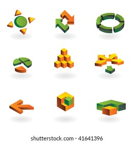 Collection of 9 design elements and graphics in green and orange color