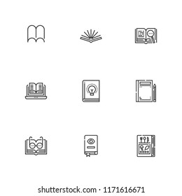 Collection of 9 dictionary outline icons include icons such as book