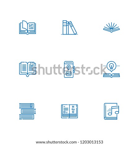Collection of 9 dictionary outline icons include icons such as science book, book, books, open book, audiobook