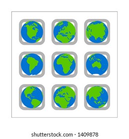 Collection of 9 different globe icons - Version 2. The icons cover all continents. Change buttons colors as you wish. Please check other versions and sets.