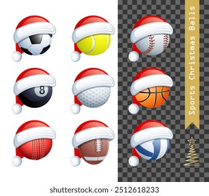 Collection of 9 different sports balls with a Santa Claus hat for your creative work. Vector illustration.