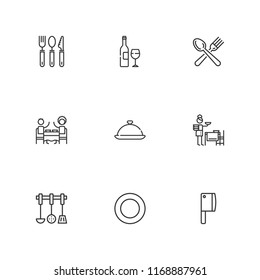 Collection of 9 dining outline icons include icons such as tray, restaurant, cutlery, spoon, plate, knife, wine bottle
