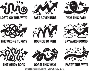 A collection of 9 directional arrows with playful labels for navigation, adventure, and fun, perfect for guiding users in a lighthearted way.
