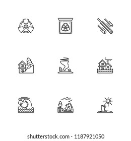 Collection of 9 disaster outline icons include icons such as meteorites, radiation, landslide, tsunami, earthquake, tornado, flood