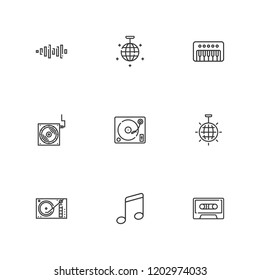 Collection of 9 disco outline icons include icons such as musical note, synthesizer, cassette, disco ball, vinyl player, sound waves, dj, turntable