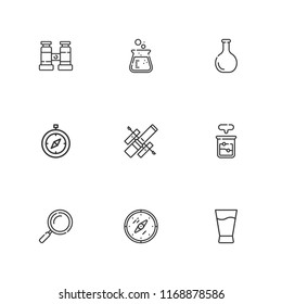 Collection of 9 discovery outline icons include icons such as loupe, flask, beaker, compass, glass, hubble space telescope