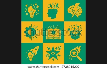Collection of 9 distressed, bold, hand-drawn vector icons representing concepts like inspiration, knowledge, genius, breakthrough, discovery, and creative thinking. Retro green and yellow colors.
