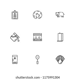 Collection of 9 domestic outline icons include icons such as towel, pillow, slotted spoon, freezer, chicken coop, pig, bucket, turkey