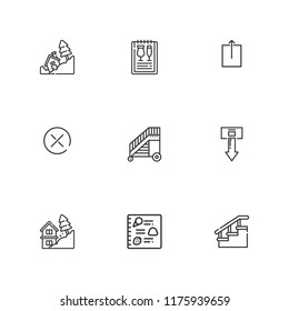 Collection of 9 down outline icons include icons such as close, upload arrow, menu, stairs, landslide, ladder