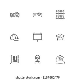 Collection of 9 educate outline icons include icons such as projector, cap, mortarboard, student