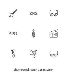 Collection of 9 elegance outline icons include icons such as tie, radio, sunglasses, foil