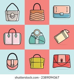 Colección de 9 elegantes bolsos de cuero o bolsos con ilustración vectorial de la manga negra. Concepto de icono de objetos de moda de belleza. Conjunto de diseño vectorial de bolsos de moda para mujeres recién llegadas.