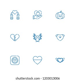 Collection of 9 emotion outline icons include icons such as heart, broken heart, pumpkin, condom